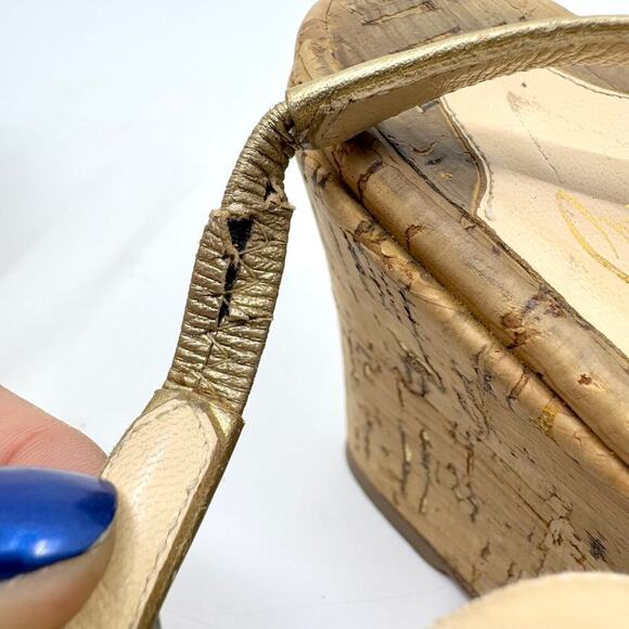 CHRISTIAN LOUBOUTIN Red Bottoms Gold Slingback Peep Toe Cork Platform Wedges - Picture 11 of 11